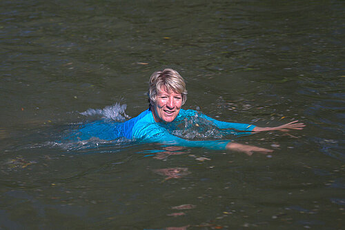 Pippa Heylings swimming in the river at Sheep's Green, Cambridge